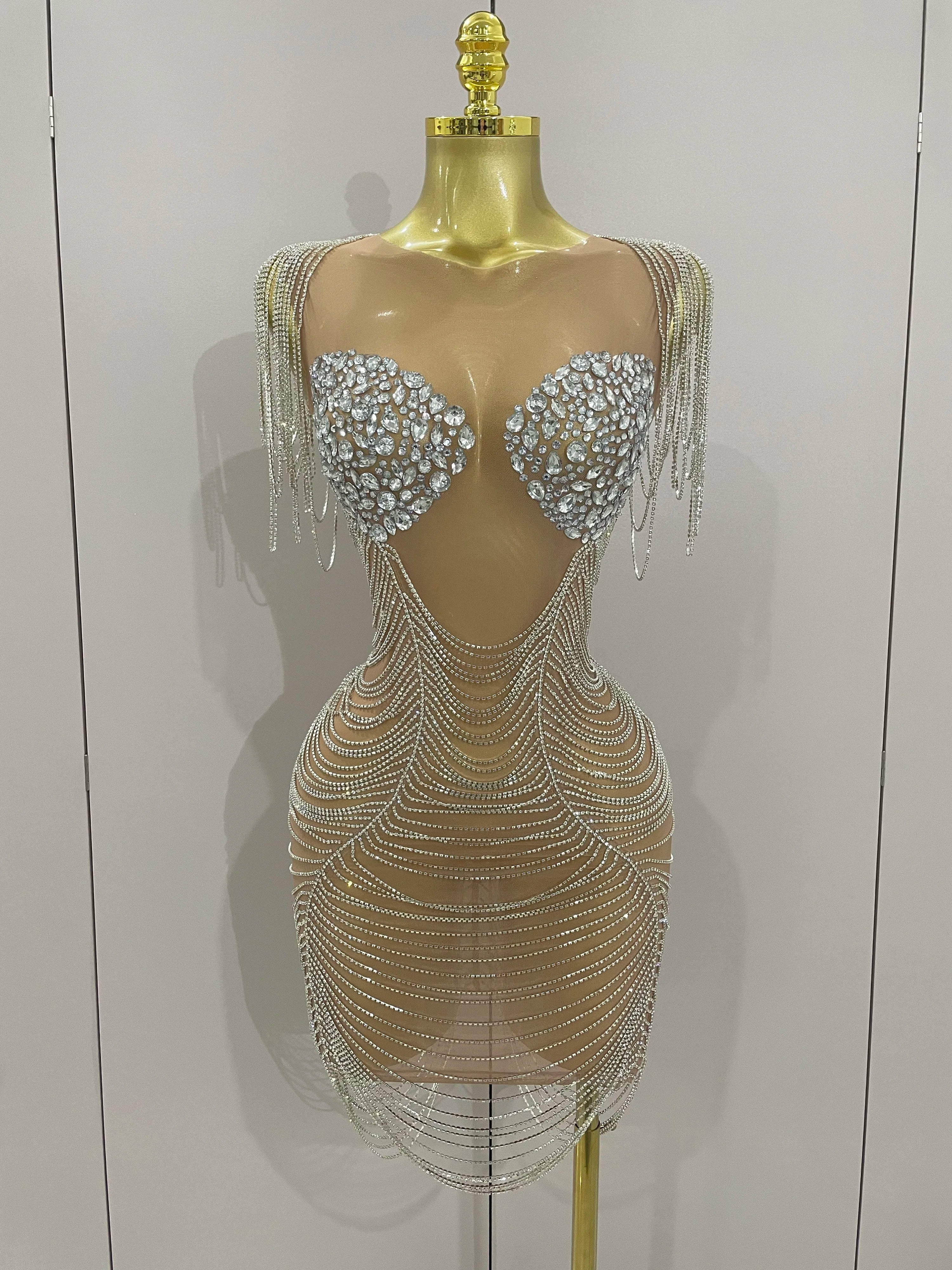 2025 New Sparkly Diamonds Crystal Sexy Mesh See Through Mini Dress Women Birthday Party Club Celebrate Stage Performance Costume