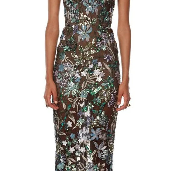 Sequin Flowers Embroidery Sexy Mesh See Through Strapless Ankle Length Dress Woman Party Evening Dress Celebrity Party Outfit