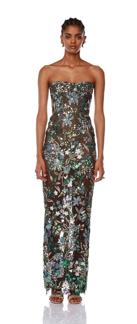 Sequin Flowers Embroidery Sexy Mesh See Through Strapless Ankle Length Dress Woman Party Evening Dress Celebrity Party Outfit