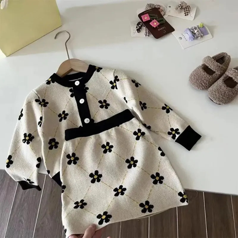 Girls clothes sets Autumn Winter Long Sleeve Set kids clothing Flower Printed Sweater Cardigan+Short Skirt Two Piece Sweet Set Beige