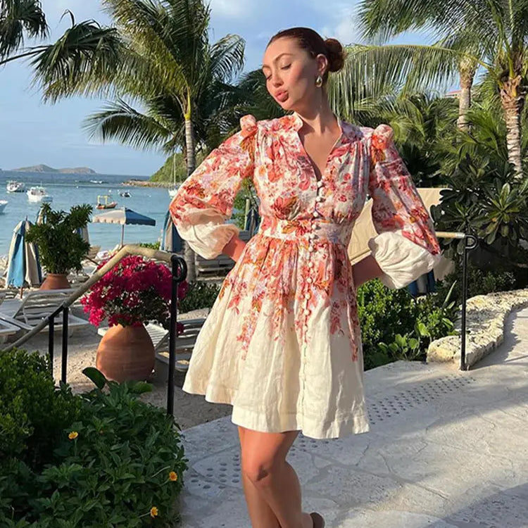 Women Elegant Printed V Neck Mini Dress Female Long Sleeve High Waist A-line Bodycorn Vestidos Spring Lady Party Club Robes Figure Color