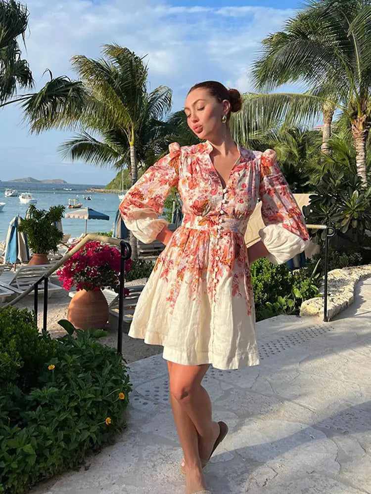 Women Elegant Printed V Neck Mini Dress Female Long Sleeve High Waist A-line Bodycorn Vestidos Spring Lady Party Club Robes Figure Color