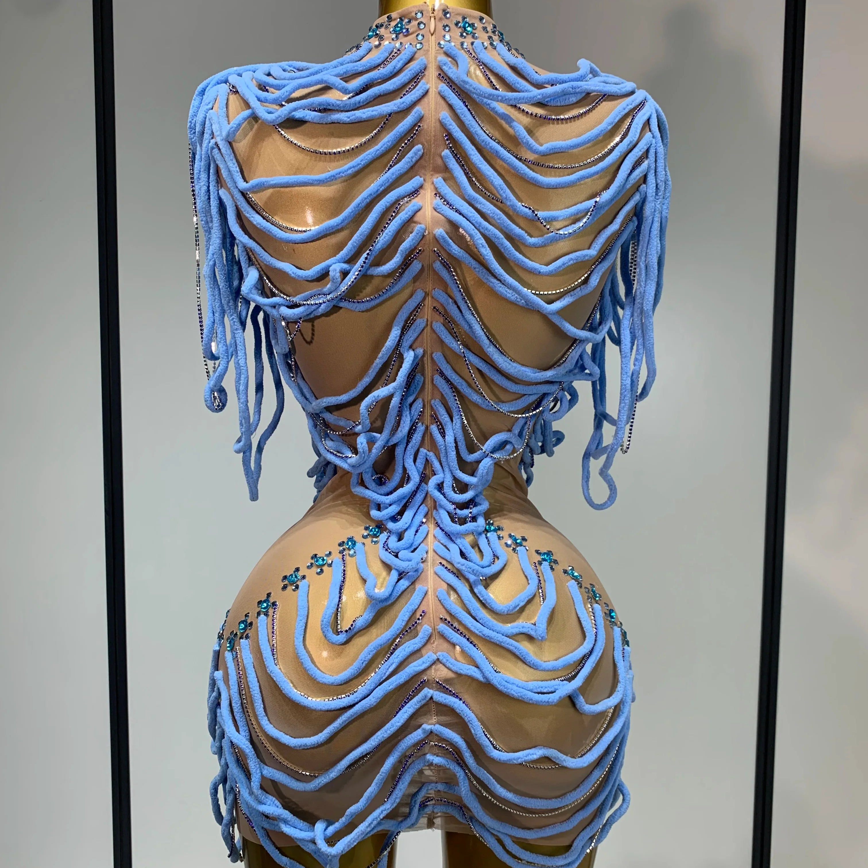 Women Sexy Mesh See Through Sparkly Rhinestones Chain Stage Costume Nightclub Celebrate Evening Party Performance Outfit
