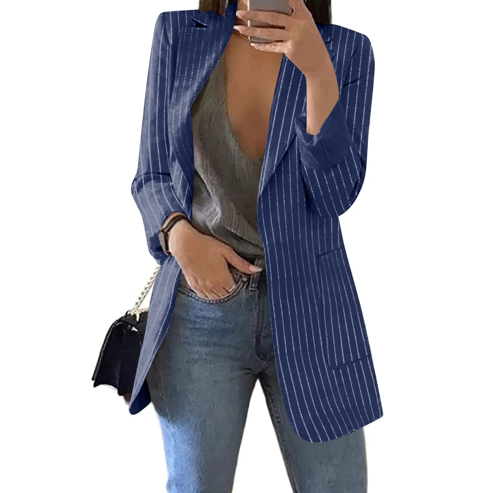 Women's Blazer Coat Stripe Open Front Pockets Cardigan Formal Suit Long Sleeve Blouse Coat Navy Blue