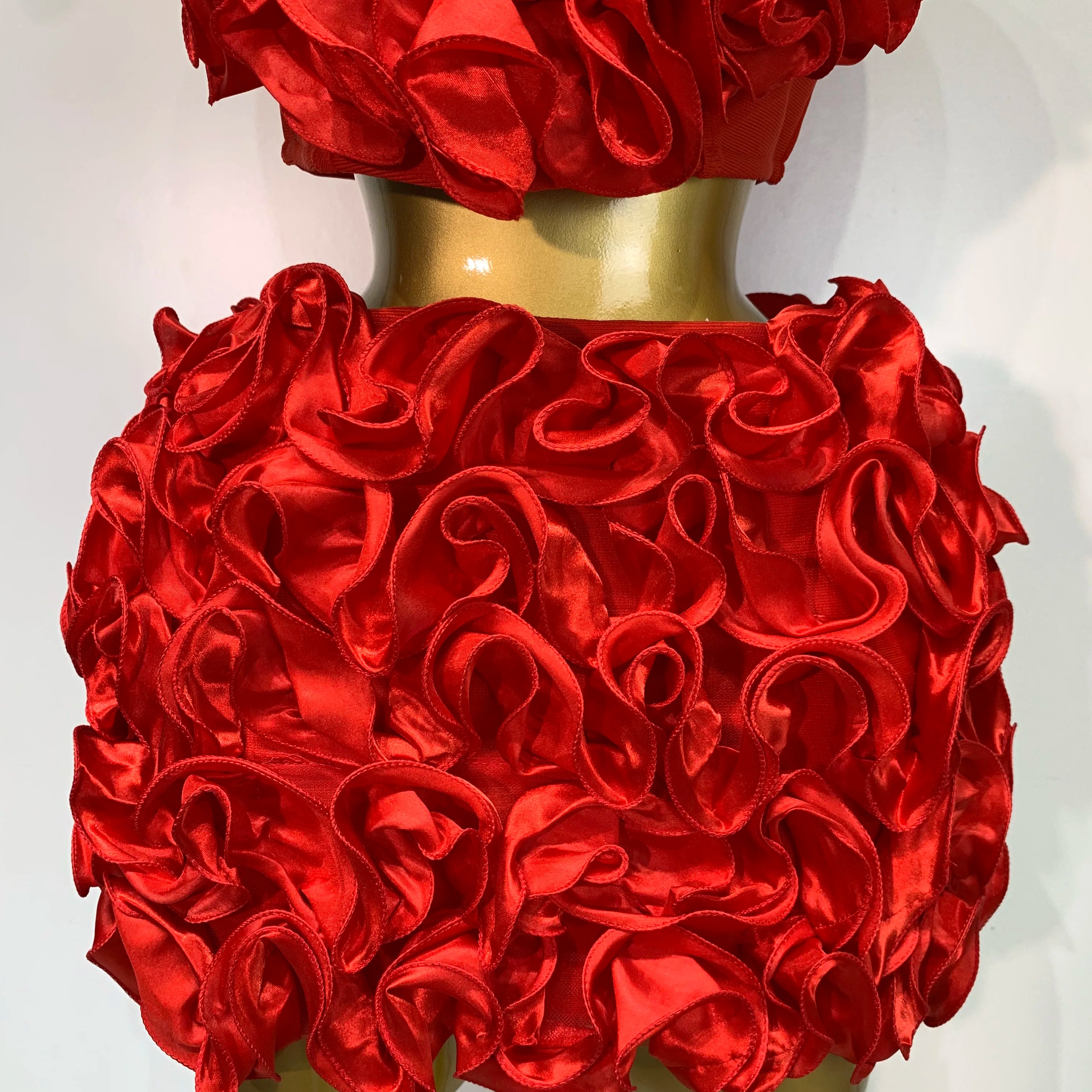 Women Sexy Strapless Red flower Top With Mini Skirt Bodycon Bandage Suit Celebrity Party Cocktail Birthday Two Pieces Set