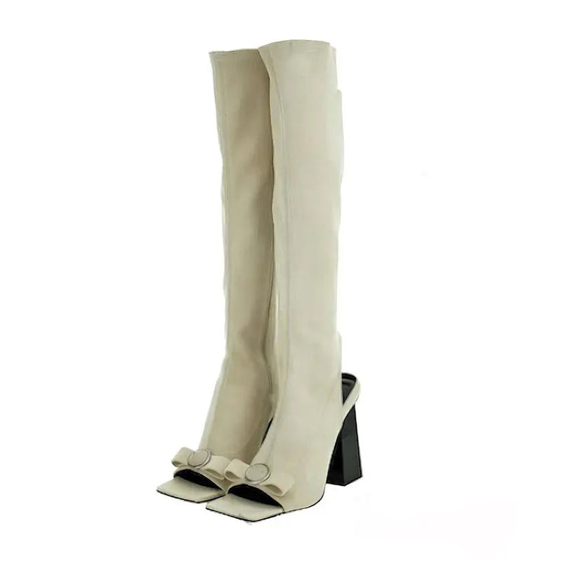 Autumn/Winter New Open Toe Sexy Women's Boots Thick High Heel Fashion Bowknot Fish Mouth Shoes Knee Length Elastic Boots Light yellow