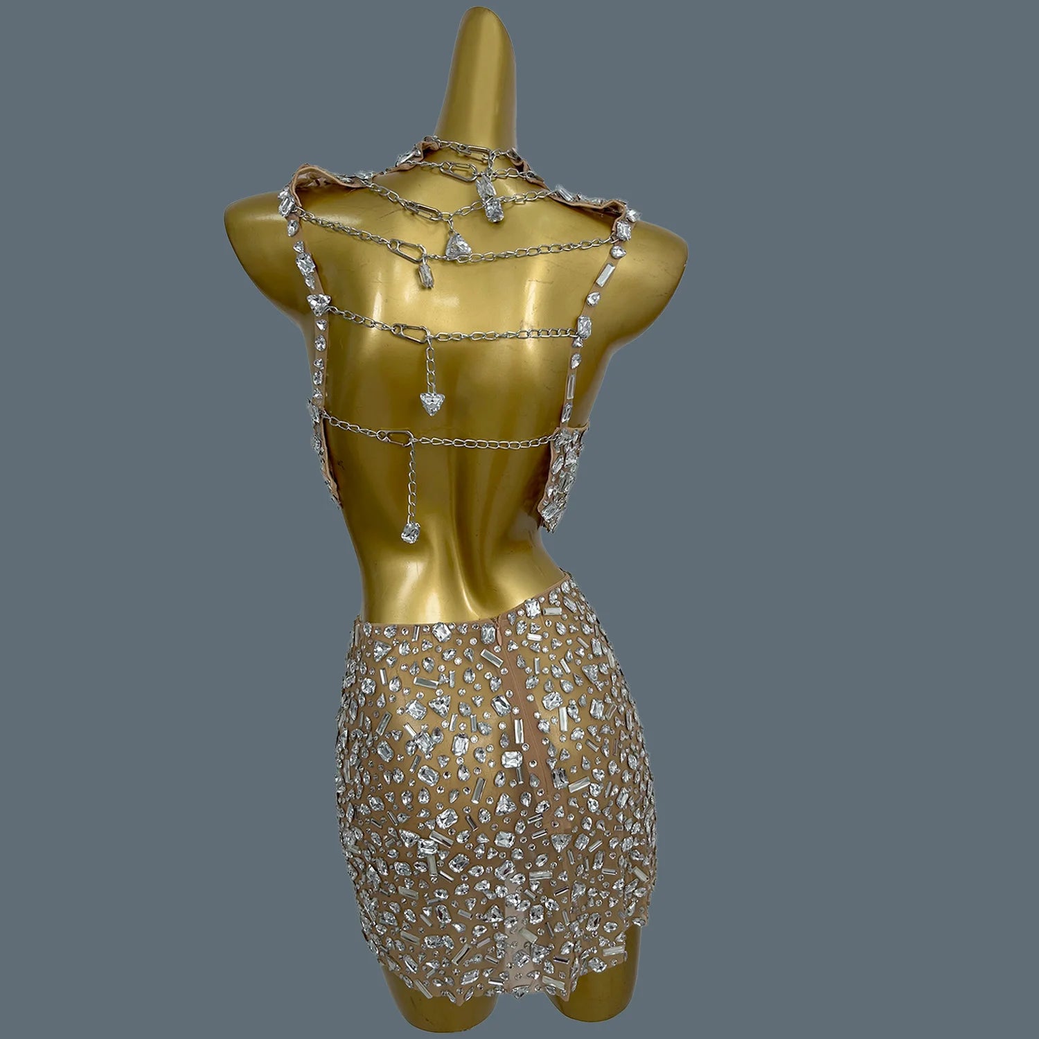 High-end Sparkly Crystals Backless Crop Tops Mini Skirt 2Pieces Set Sexy Women See Through Mesh Festival Party Outfit Shihualuo