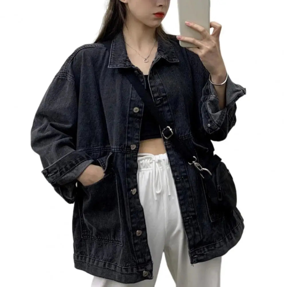 Women Jacket Washed Denim Single-breasted Cardigan Buttons Keep Warm Long Sleeves Turn-down Collar Women Coat Female Clothes Black Gray
