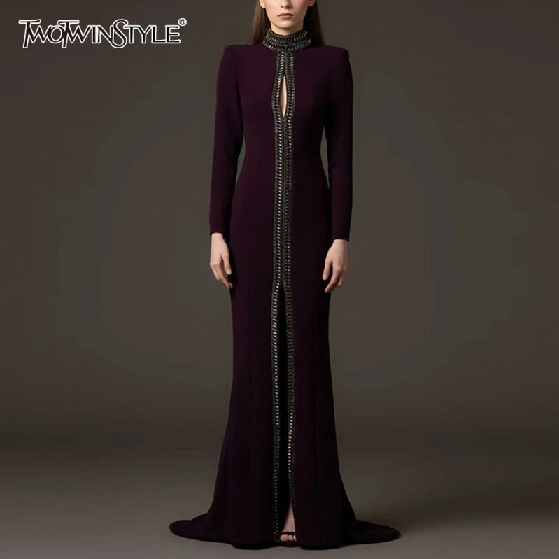 TWOTWINSTYLE Solid Hollow Out Spliced Bead Dresses for Women High Neck Long Sleeves Patchwork Split Elegant Dress Female Clothes