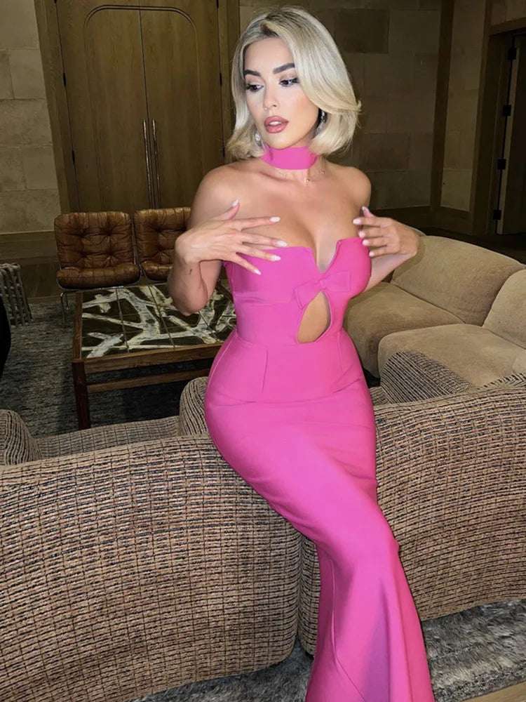 Summer Sexy Strapless Backless Bow Tie Hot Pink Black Ankle Women Bodycon Bandage Dress Elegant Evening Club Party Dress