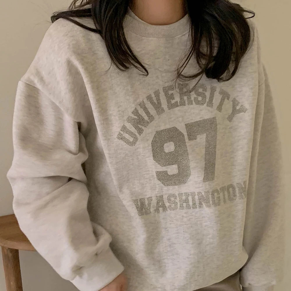 University 97 Washington Print Female Sweatshirts American Vintage Casual Clothing Street Hip Hop All-math Womens Long Sleeves Gray