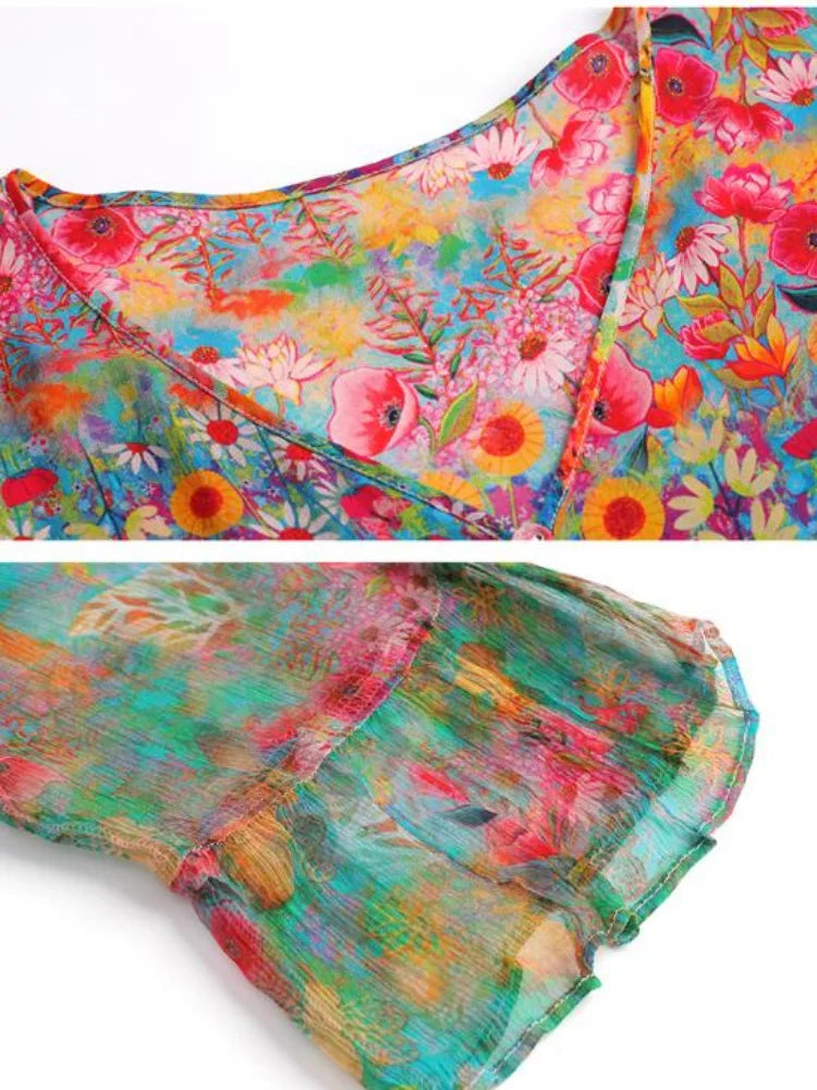 Summer 2023 Beach Boho Vintage Print Chiffon V Neck Dress Elegant Party Robe Designer Vestidos Loose Midi Dresses