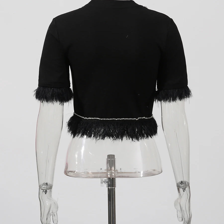 TWOTWINSTYLE Slimming Spliced Diamond Elegant T Shirts for Women Round Neck Short Sleeves Patchwork Tassels Tees Femlae Fashion