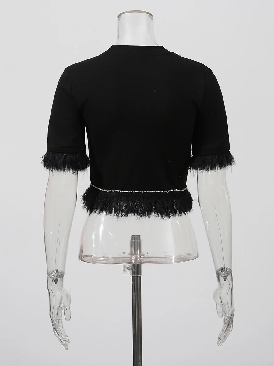 TWOTWINSTYLE Slimming Spliced Diamond Elegant T Shirts for Women Round Neck Short Sleeves Patchwork Tassels Tees Femlae Fashion