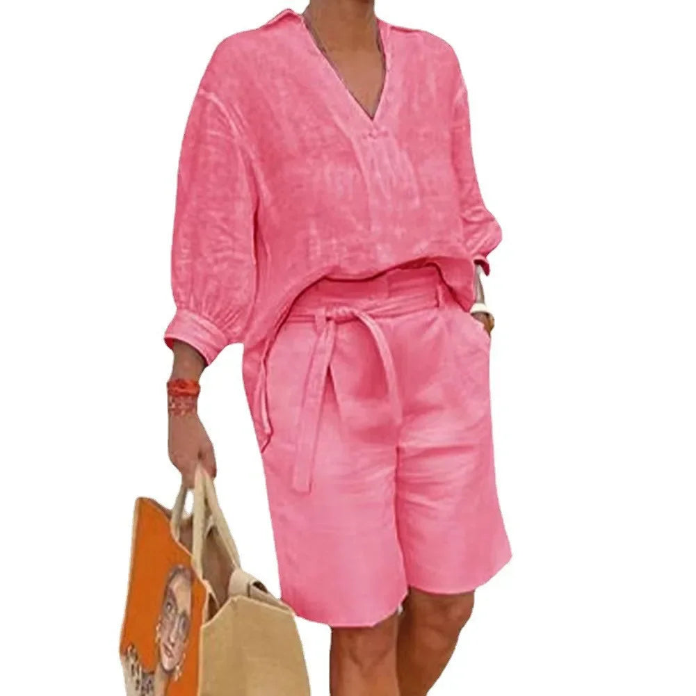 2024 Summer Fashion Plus Size New Matching Collection Women's Shorts Set V-neck Short Sleeves Sports Cotton Linen Two Piece Set