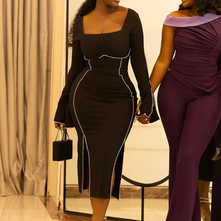 Sexy Rhinestone Black Dress Women Hipster Square Collar Full Sleeve Split Bodycon Midi Dresses Autumn Party Clubwear