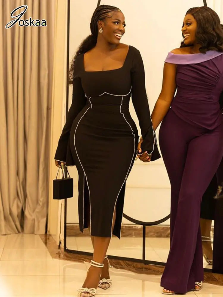 Sexy Rhinestone Black Dress Women Hipster Square Collar Full Sleeve Split Bodycon Midi Dresses Autumn Party Clubwear