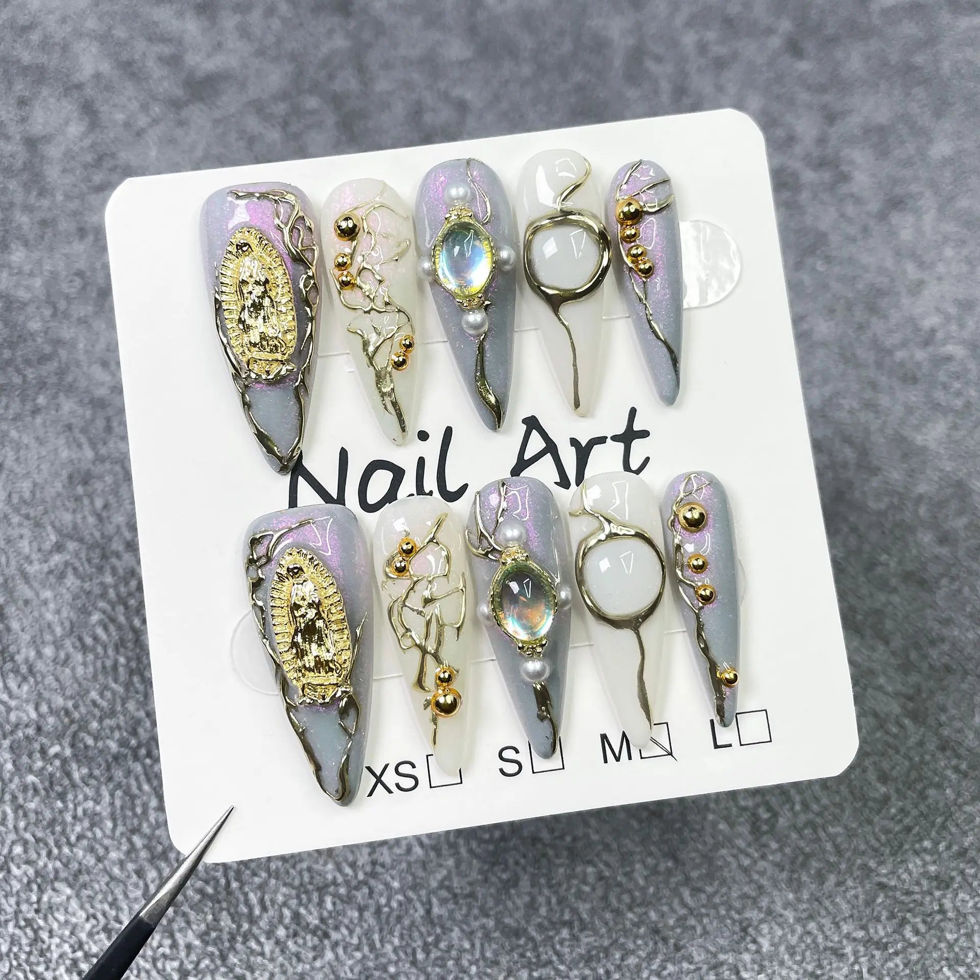 10pcs long stiletto handmade false nail sets pink Smudge almond nails tips flower diamond fake nail art French press on nails