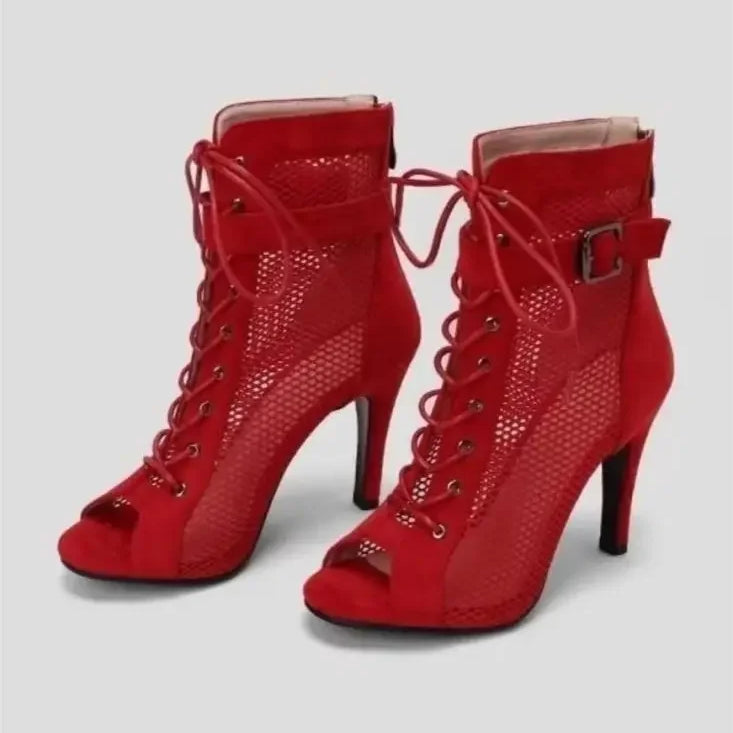 Sandals Hollowed Mesh Heels Belt Buckle Women's Summer Beige Lace-up Sexy Open Toe Boots Stiletto Jazz Dance Party Ladies Shoes 6621-2