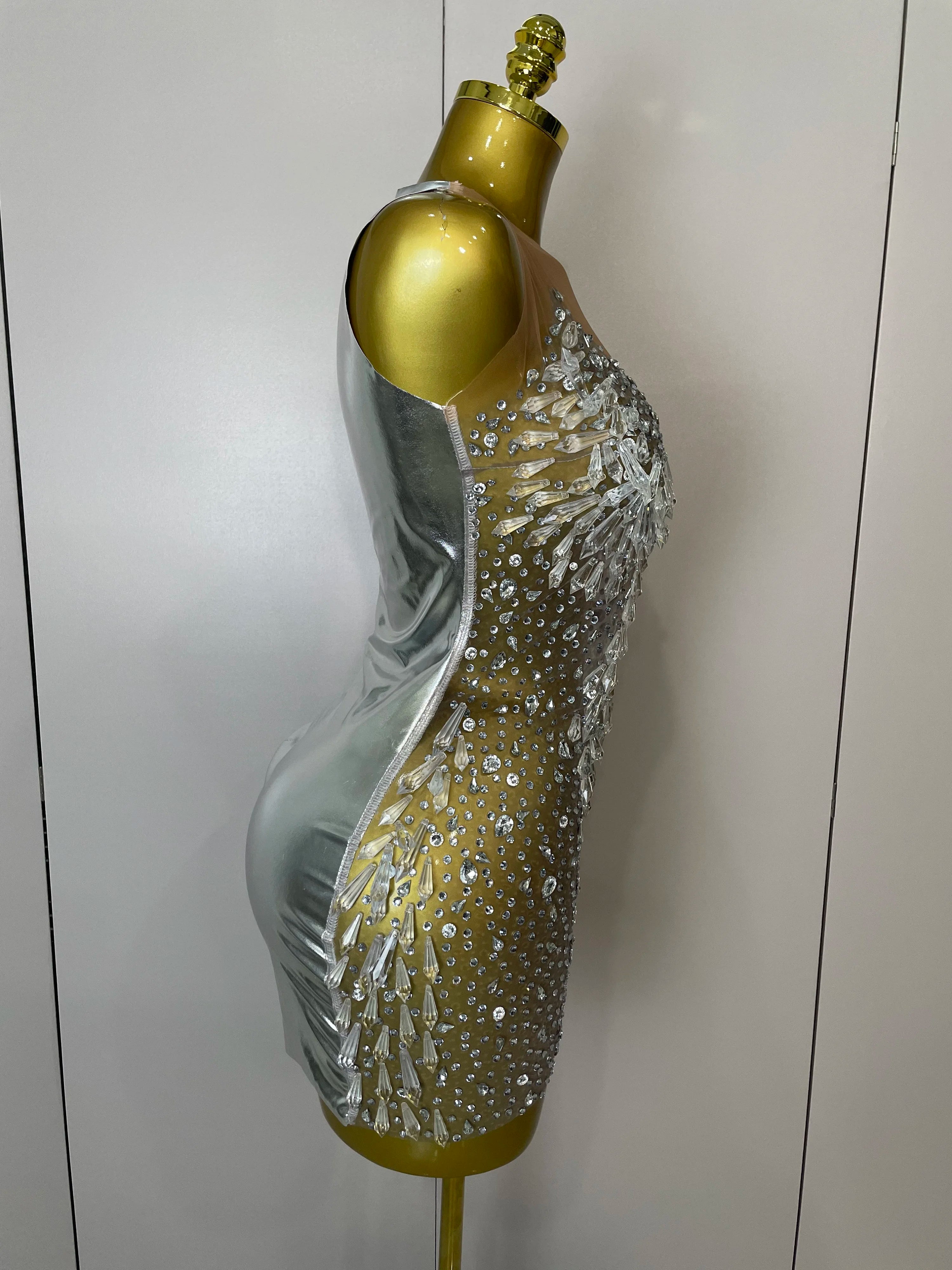 Stock 2025Women Luxury Sexy Mesh Crystal Diamonds Mini Dress Birthday Party Costume Nightclub Stage Performance Singer Outfit