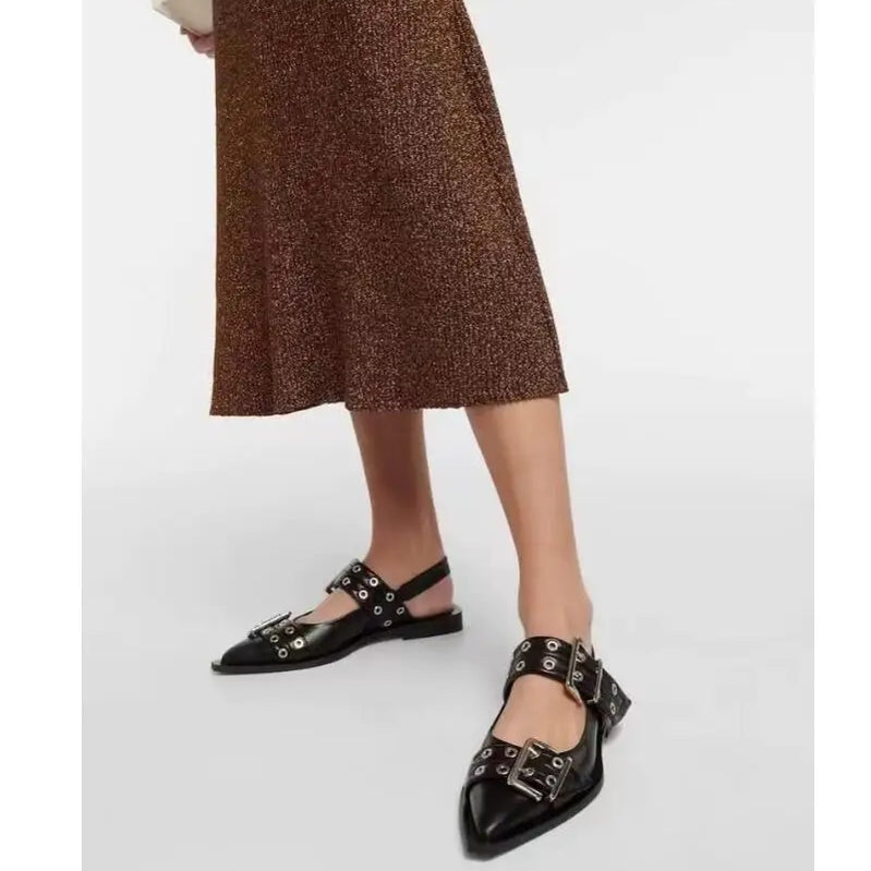 European and American Spring/Summer 2024 New Brand Rivet Sandals Low Heel Pointed Fashion Women Muller Shoes Black Big Size 42