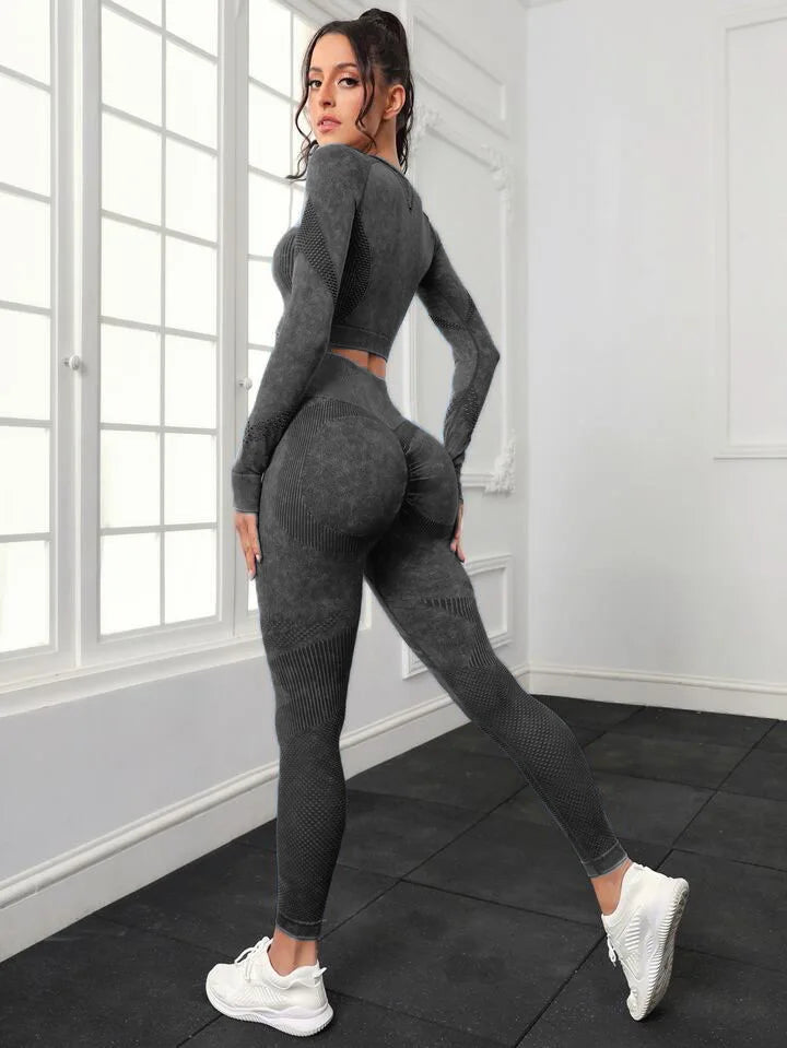 Seamless Yoga Sets Women Workout Sportswear Gym Clothing Long Sleeve Crop Top High Waist Leggings Workout Fitness Sports Suits Black