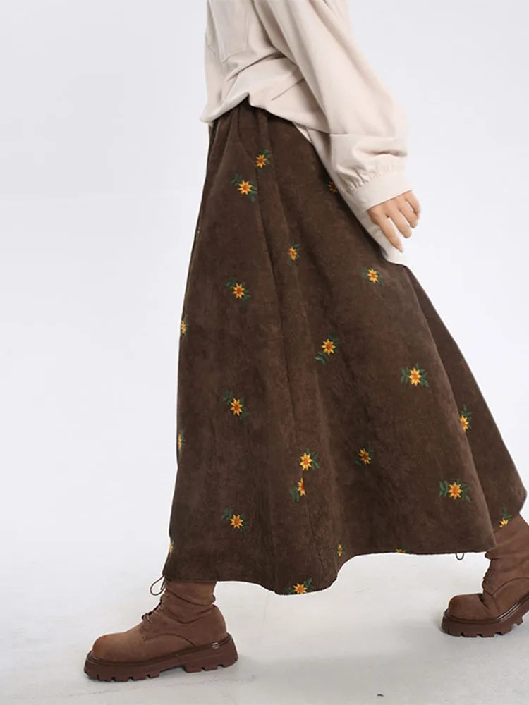 Korean Style High Waist Corduroy Embroidery Long Skirt Women Autumn Winter Loose Floral A-line Skirt Casual Retro Skirt Elegant No pockets 1 One Size