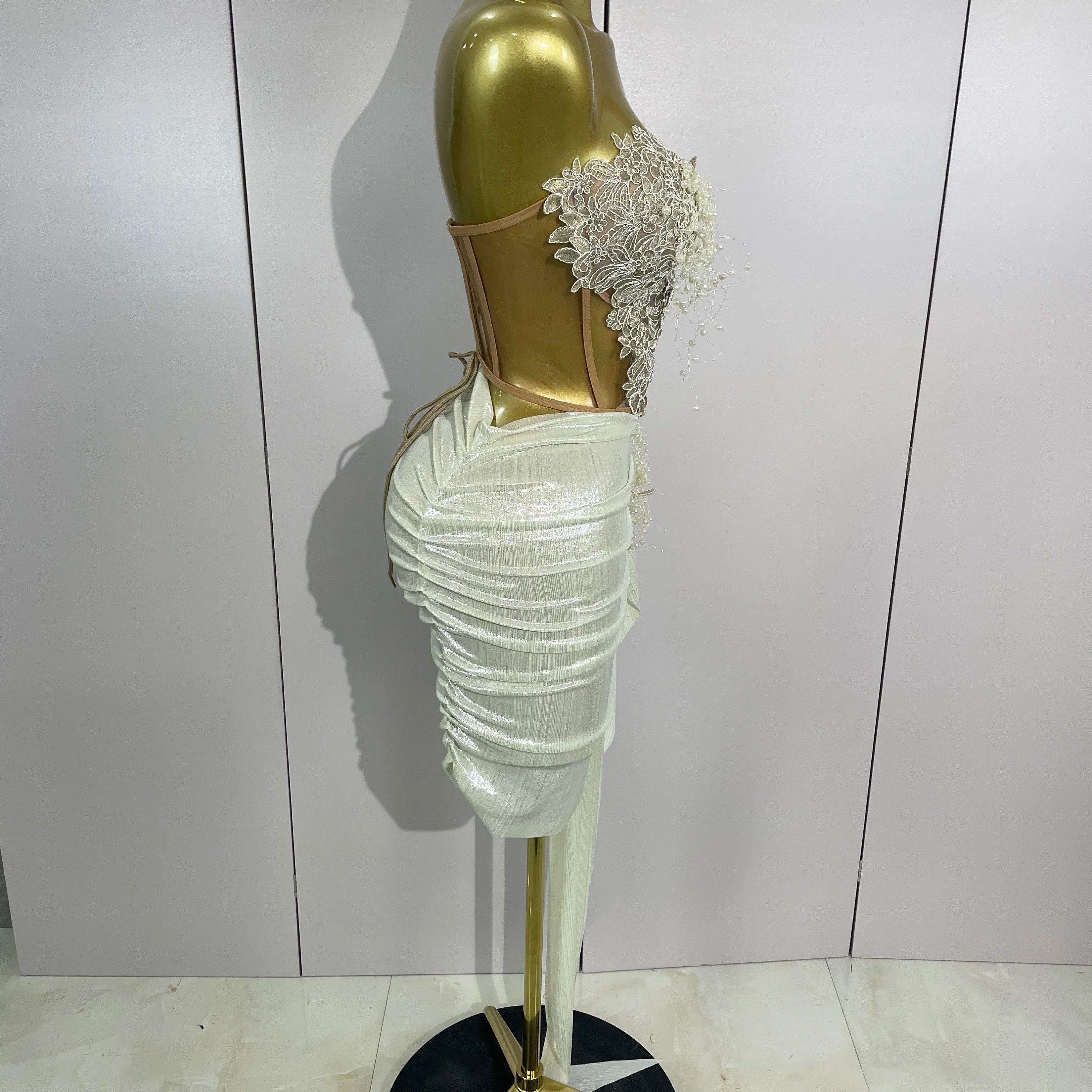 STOCK Luxury Shining Pearls Sexy Asymmetrical Skirt 2 PCS Set 2025 Women Evening Birthday Party Stage Dancer Performance Costume