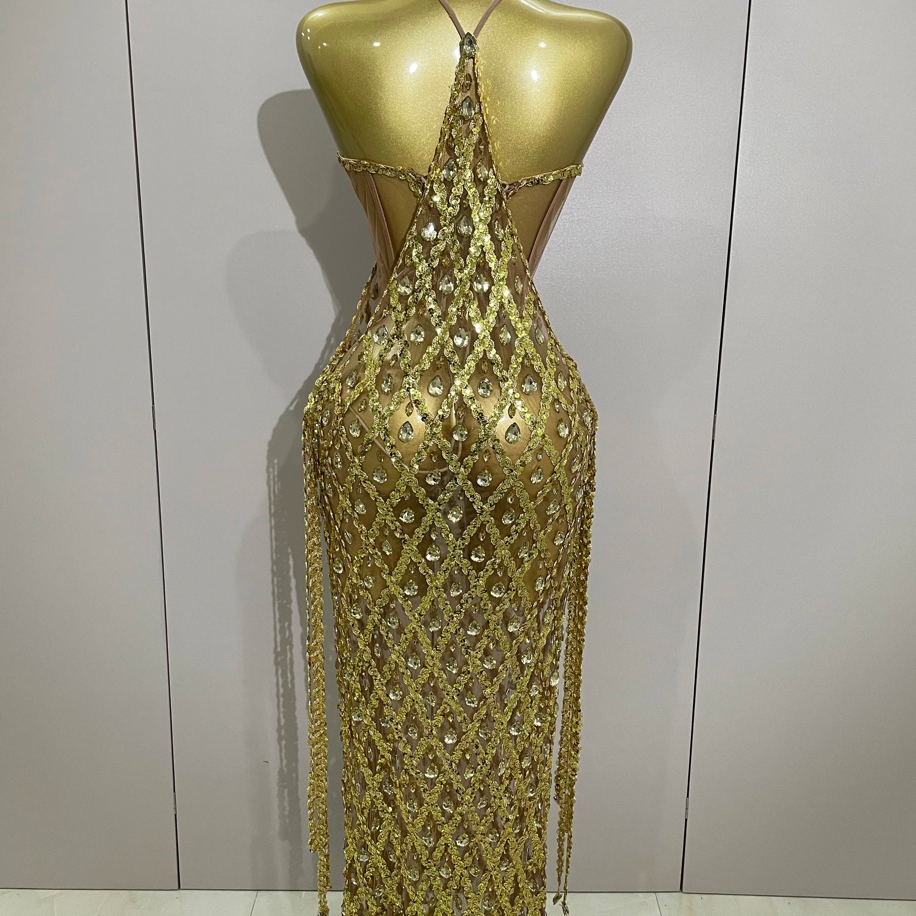 Stock Sexy Sparkly Gold Rhinestones Sleeveless Mesh Two Piece Long Dress 2025 Women Birthday Party Celebrate Prom Stage Costume