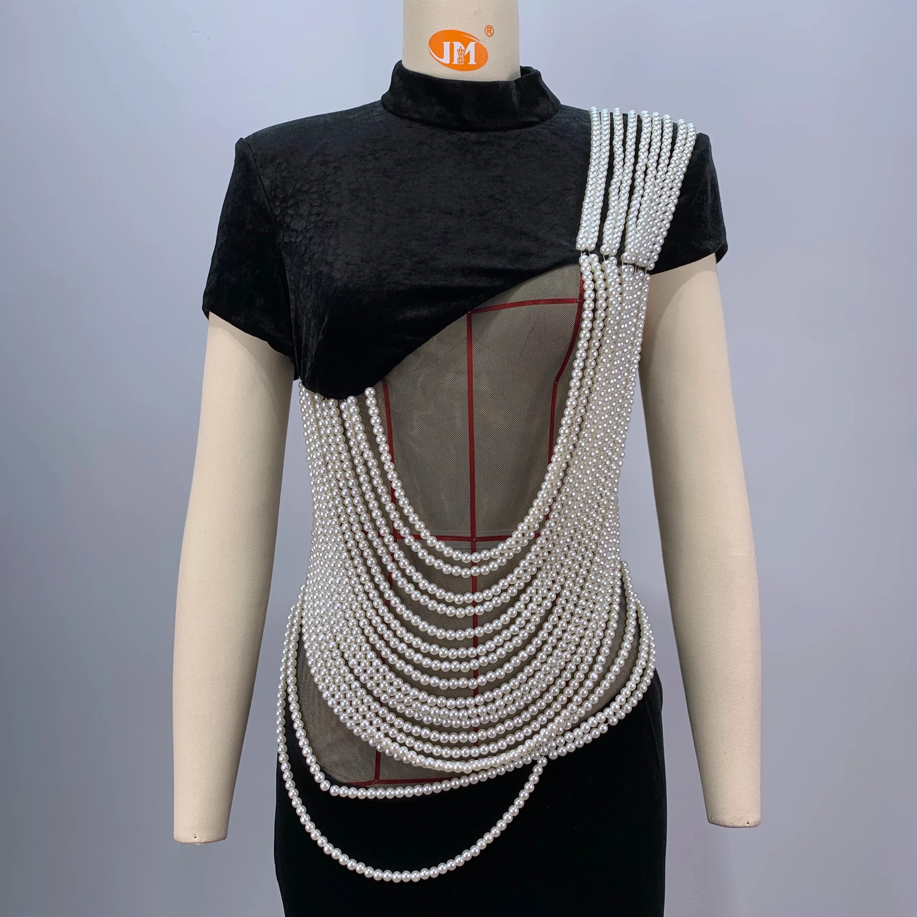 Celebrity Red Carpet Dress Women Sexy Short Sleeve Pearl Beading Bodycon Long Dress Evening Party Prom Outfit Vestido