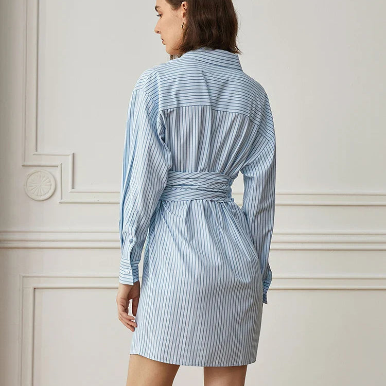 DEAT Fashion Women Blue Stripe Shirt Dress Lapel Single Breasted Full Sleeves Waist Retraction Folds Dresses Spring New