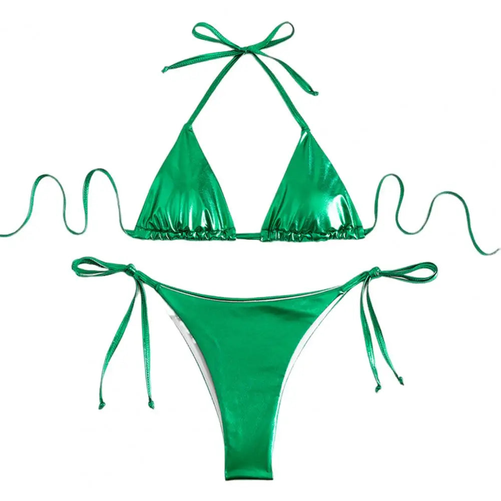 Bikini Women Swimsuit New Gold Halter Lace Up Bikinis Set Sexy Swimwear Beach Cover Up 2 Piece Beach Bathing Suit Female Green