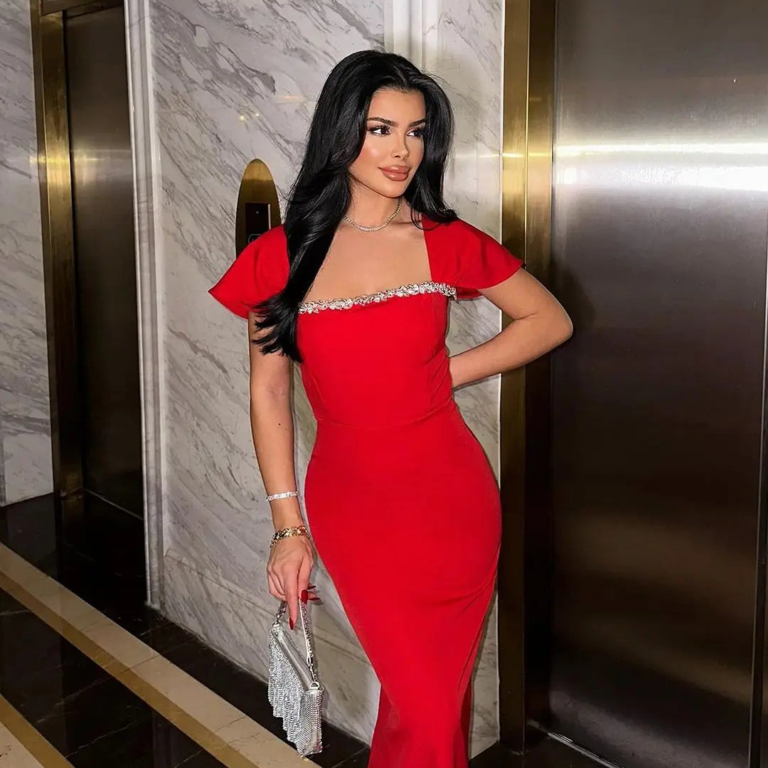 Red Black Women Sexy Square Collar Shinning Crystal Bodycon Bandage Long Dress Fashion Elegant Evening Party Celebrate Wear