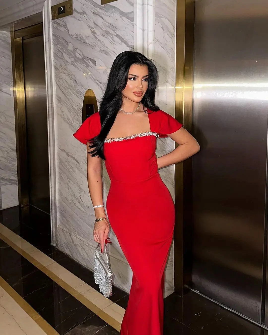 Red Black Women Sexy Square Collar Shinning Crystal Bodycon Bandage Long Dress Fashion Elegant Evening Party Celebrate Wear