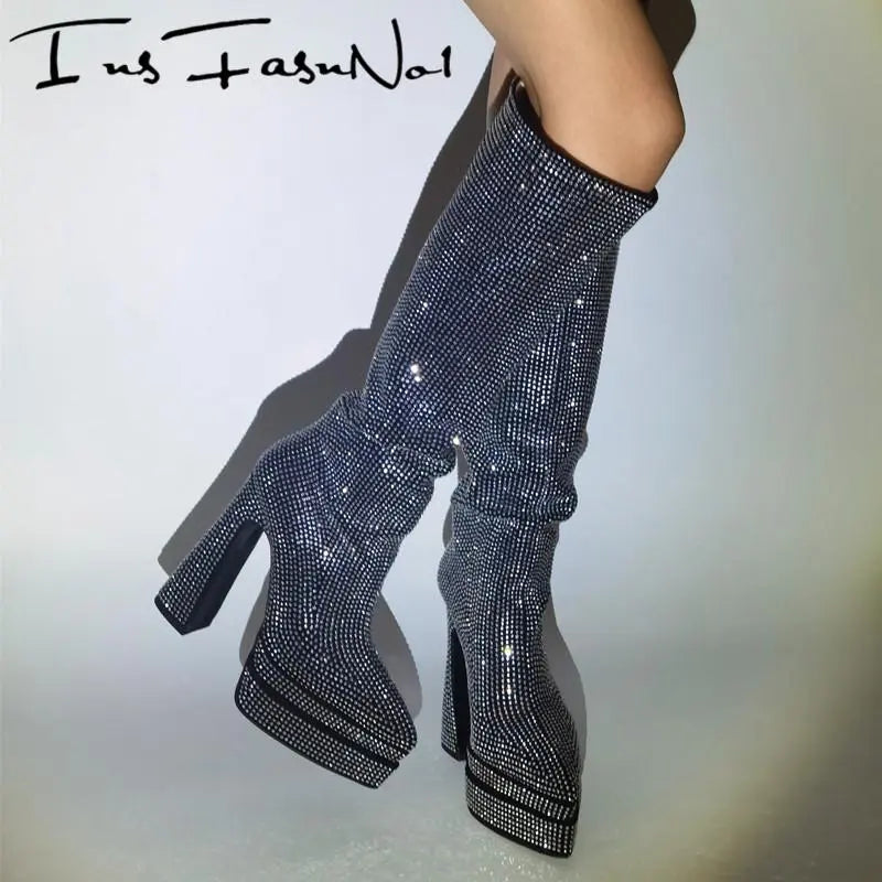 Street Style Women Knee High Boots Crystal Platform High Heel Fashion Rhinestone Boots Ladies Wedding Strass Shoes High Heels