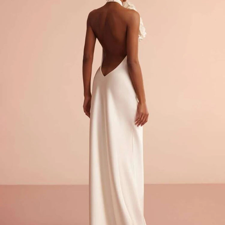 VC White Satin Halter Backless Long Dress For Women Sleeveless Flowers Embellished Slim Prom Elegant Evening Party Gowns