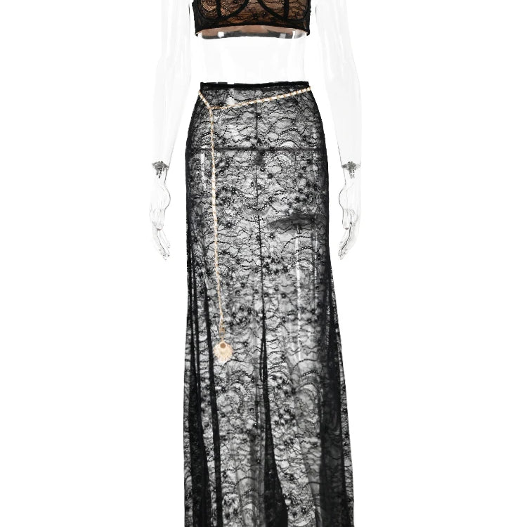 Fantoye Sexy See Through Lace Chain Women Skirt Suit White Spaghetti Strap Crop Top Print Floral Skirt Autumn New Two Piece Sets