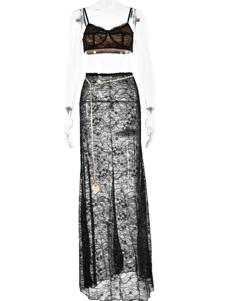 Fantoye Sexy See Through Lace Chain Women Skirt Suit White Spaghetti Strap Crop Top Print Floral Skirt Autumn New Two Piece Sets