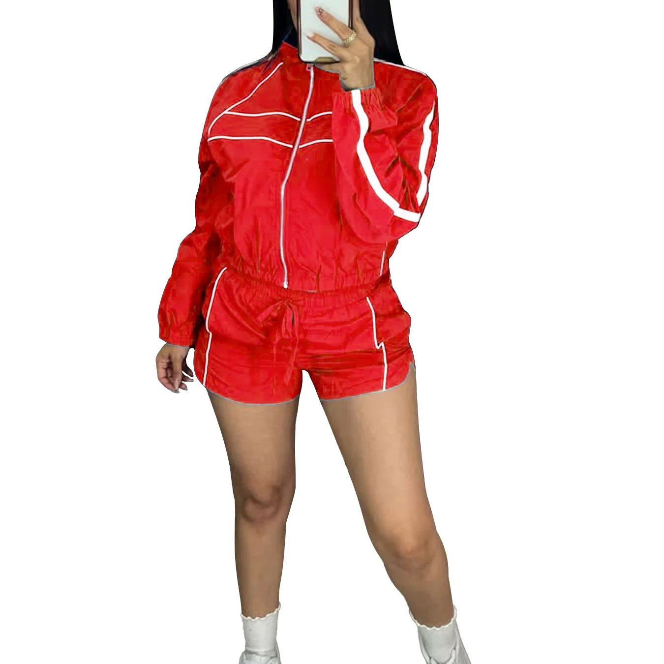 CM.YAYA Women's Set Long Sleeve Jacket + Shorts Suit 2025 Summer Streetwear Active Slim Sporty Two 2 Piece Set Outfit Tracksuit