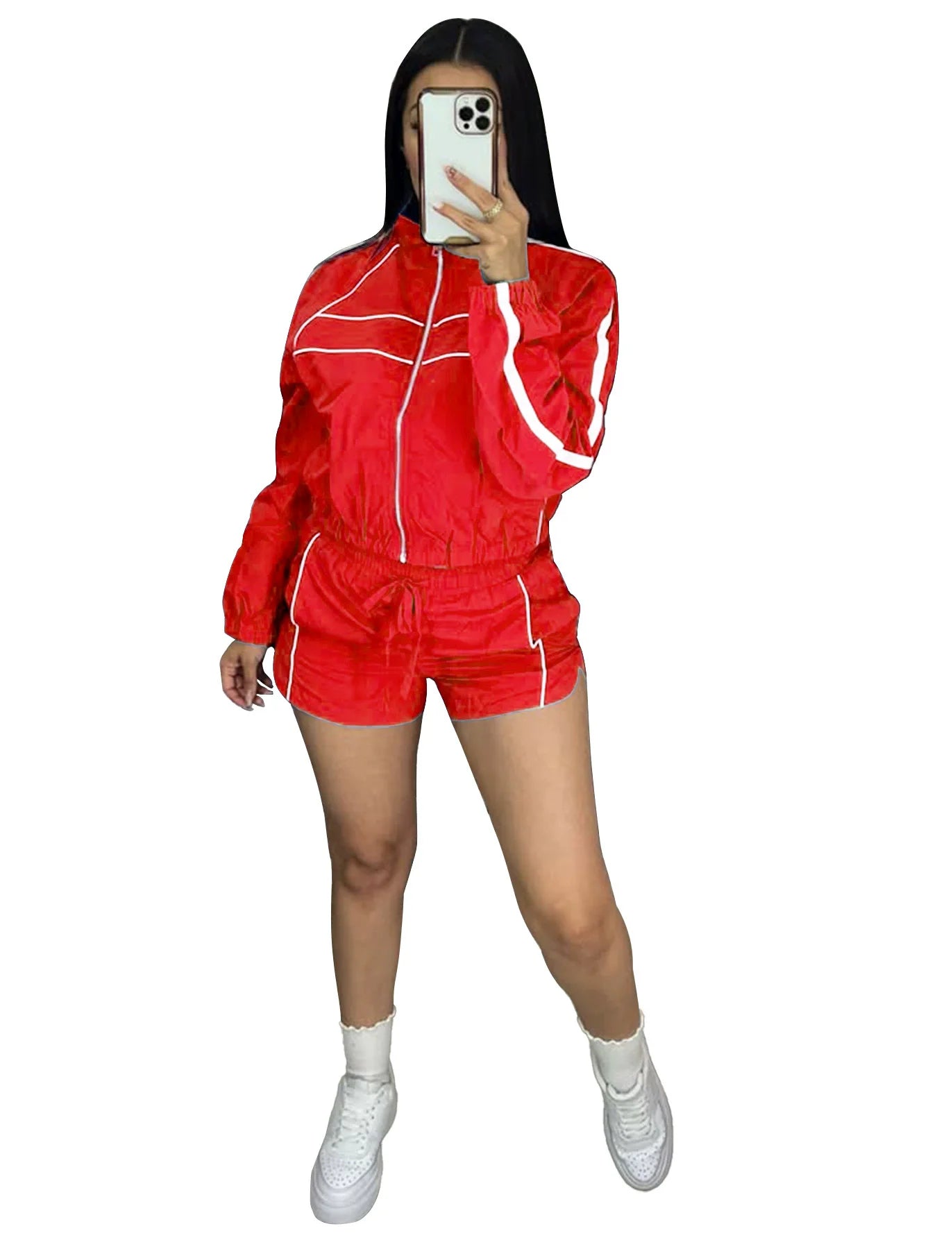 CM.YAYA Women's Set Long Sleeve Jacket + Shorts Suit 2025 Summer Streetwear Active Slim Sporty Two 2 Piece Set Outfit Tracksuit