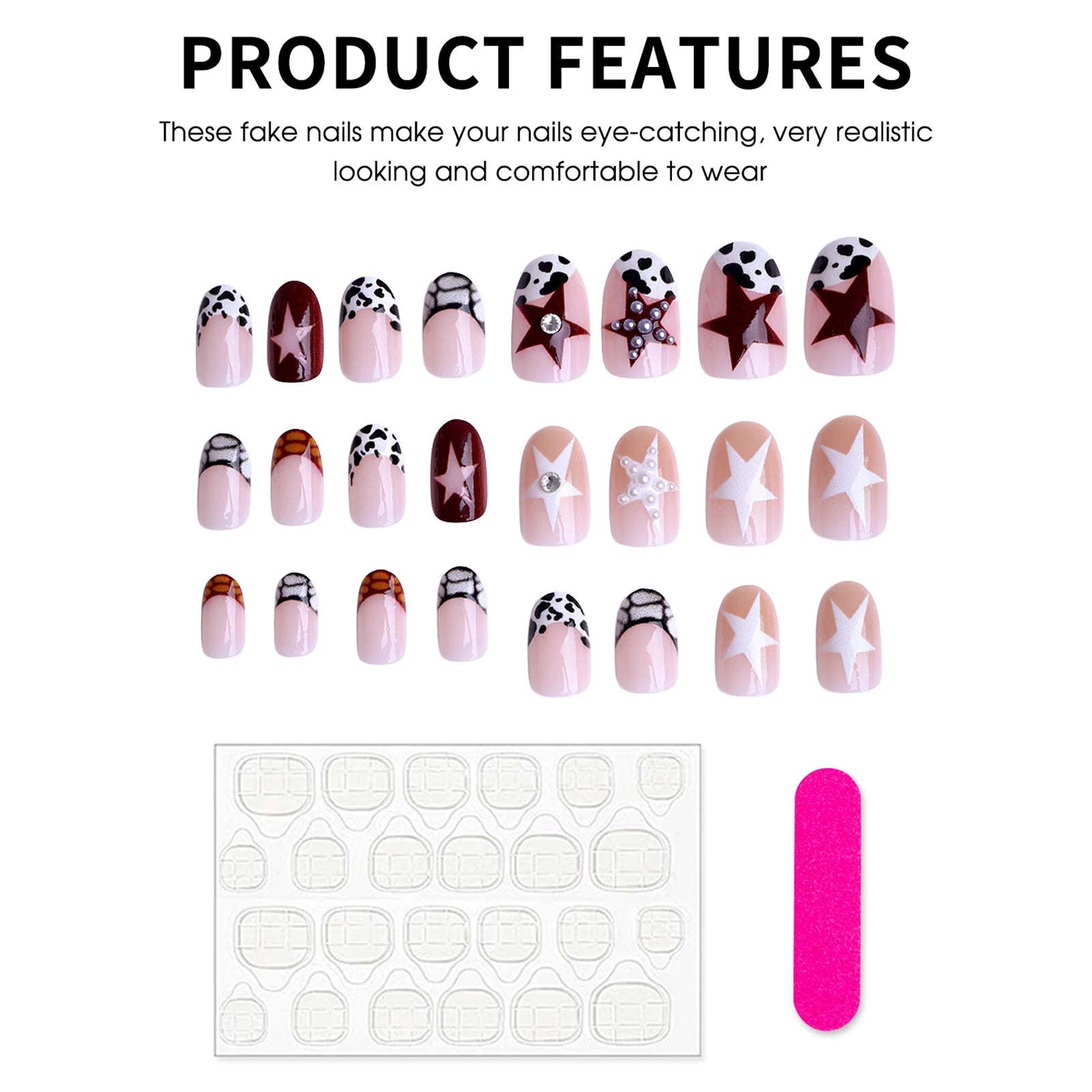 24Pcs Short Oval Shaped Press On Nails, Y2K Girls French Fake Nails Star Printed, Full Cover Wearable False Nails Pearls Decor