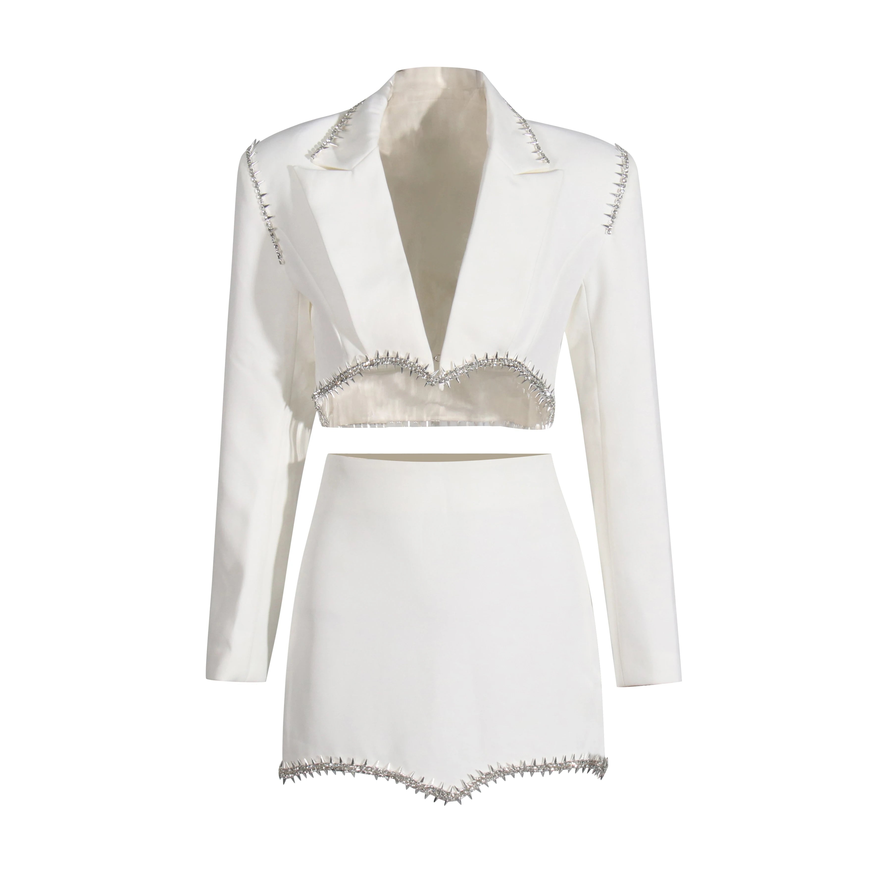 TWOTWINSTYLE Solid Two Piece Set For Women Notched Collar Long Sleeve Spliced Diamond Blazer High Waist Skirt Casual Set Female