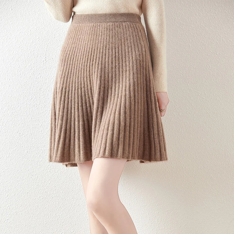 Korean Skirt 100% Merino Wool Women's Knitted Mini Skirt Autumn and Winter Women's Fashion Solid Color Small Umbrella Skirt camel