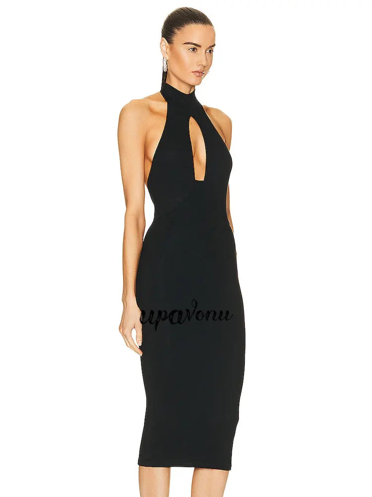 2025 Sexy Women Hanging Neck Sleeveless Bandage Dress Bodycon Off Back Knee Black Dress Celebrity Cocktail Evening Party Vestido