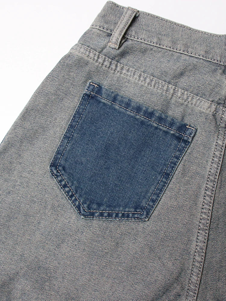 Patchwork Pockets Casual Denim Trousers For Women High Waist Spliced Button Hit Color Minimalist Loose Wide Leg Jeans Female