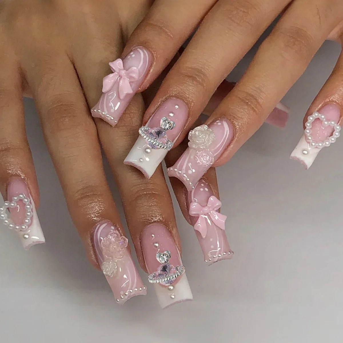 24pcs/set Long Medium short fake nails for women girls cute bow flowers decoration french tips faux ongles press on false nail