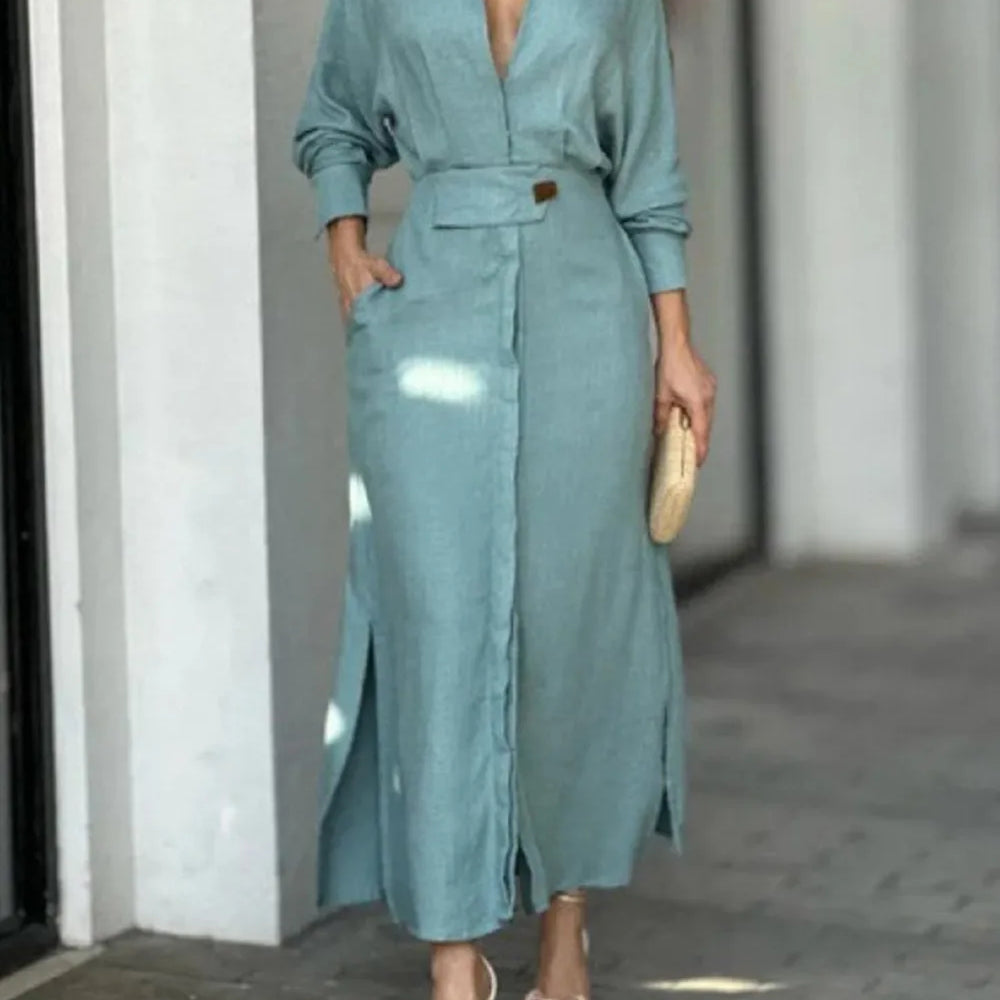 Plus Size Women Dress Elegant Solid Casual V Neck Long Sleeve Dress Long Skirt Pocket Lady Streetwear Dresses For Women Sky blue