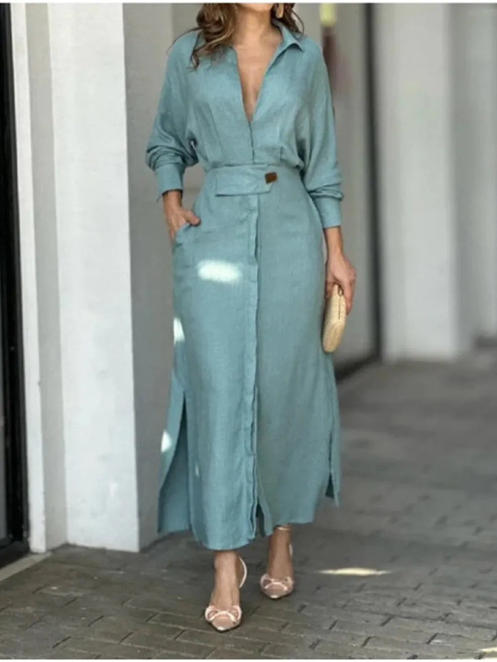 Plus Size Women Dress Elegant Solid Casual V Neck Long Sleeve Dress Long Skirt Pocket Lady Streetwear Dresses For Women Sky blue