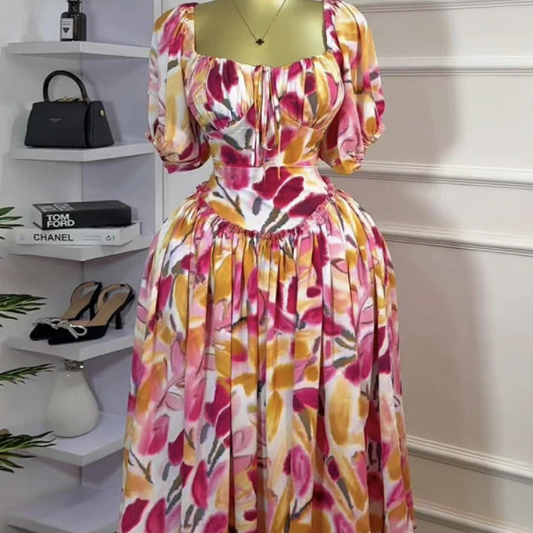 CM.YAYA Women Tulip Foral Printed Lantern Short Sleeve Big Swing High Waist Dress 2025 Chic Birthday Party Vestidos Sexy Dresses