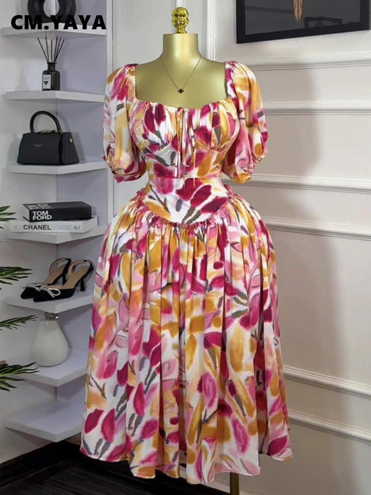 CM.YAYA Women Tulip Foral Printed Lantern Short Sleeve Big Swing High Waist Dress 2025 Chic Birthday Party Vestidos Sexy Dresses